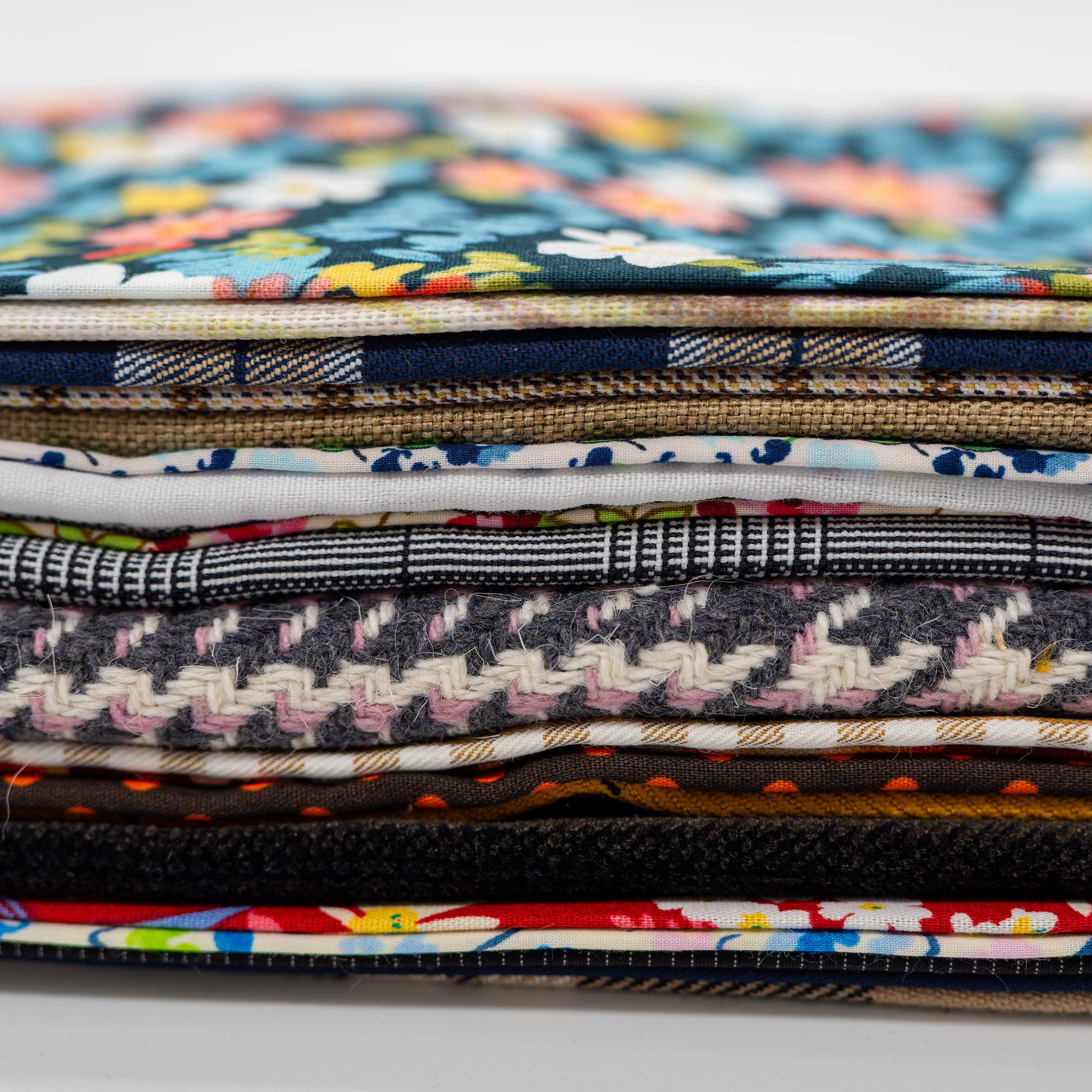 patterned drapes stack, close up